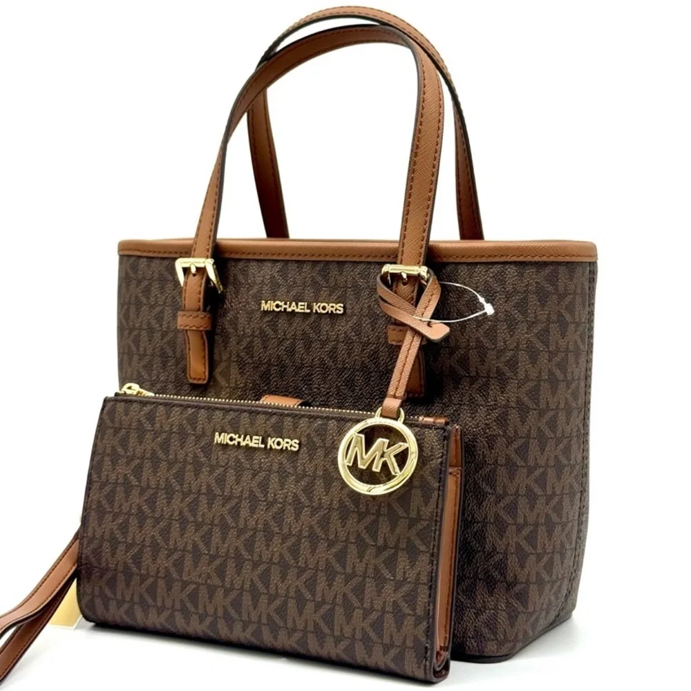 Michael Kors Jet Set Travel XS Logo TZ Tote Bag & Matching Double Zip Wallet